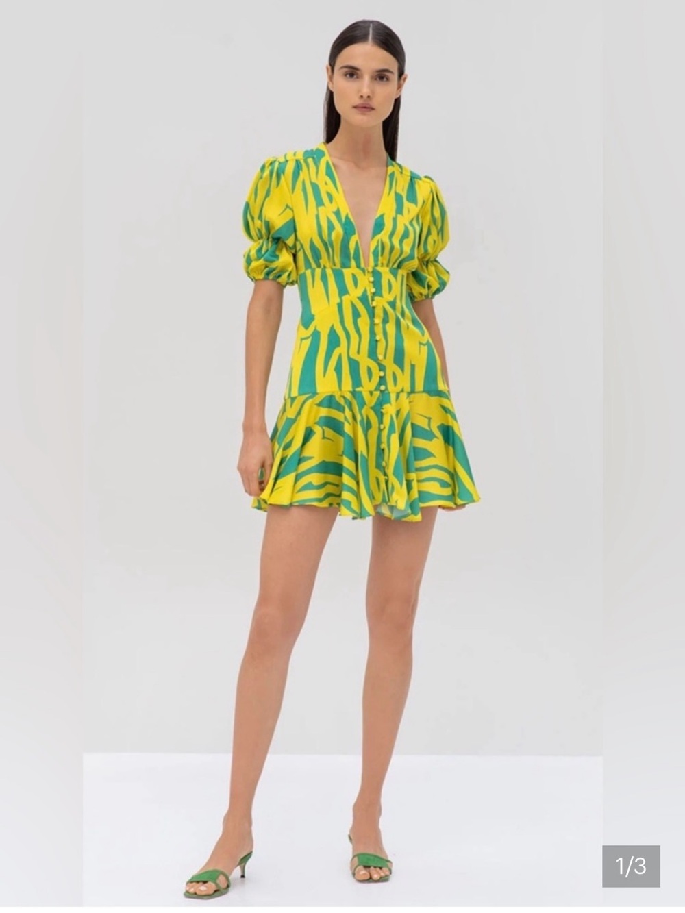 Alexis Yellow and Green Printed Puff-Sleeve Mini Dress